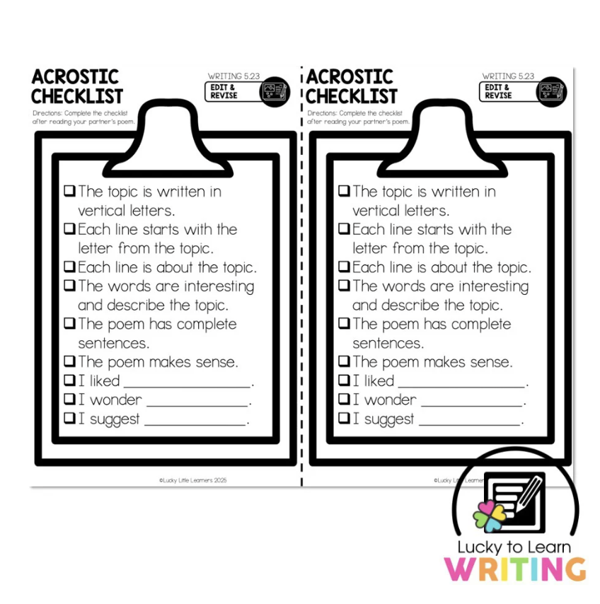 Acrostic poem checklist for 2nd grade students to ensure they’ve followed all requirements, including vertical letters, topic descriptions, and poem coherence.